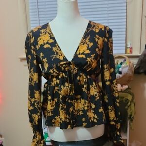 SHEIN Black and Yellow Floral V-Neck Blouse